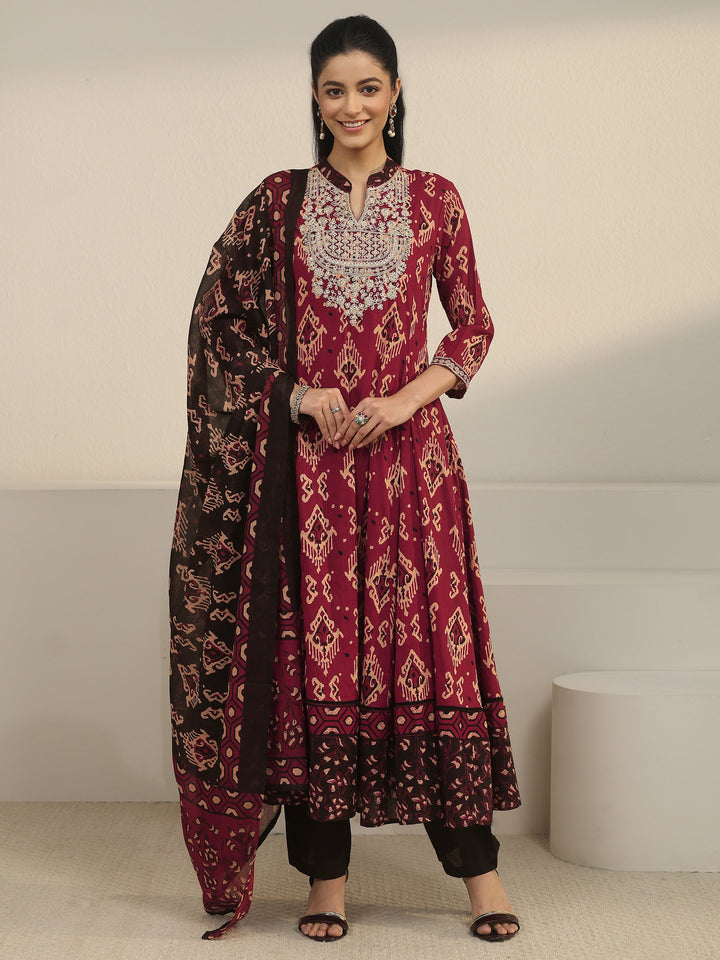 Libas Rust Brown Ajrakh Yoke Embroidered Cotton Anarkali Suit Set