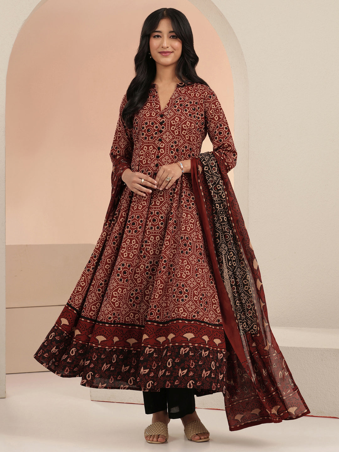 Libas Rust Ajrakh Printed Cotton Anarkali Suit Set
