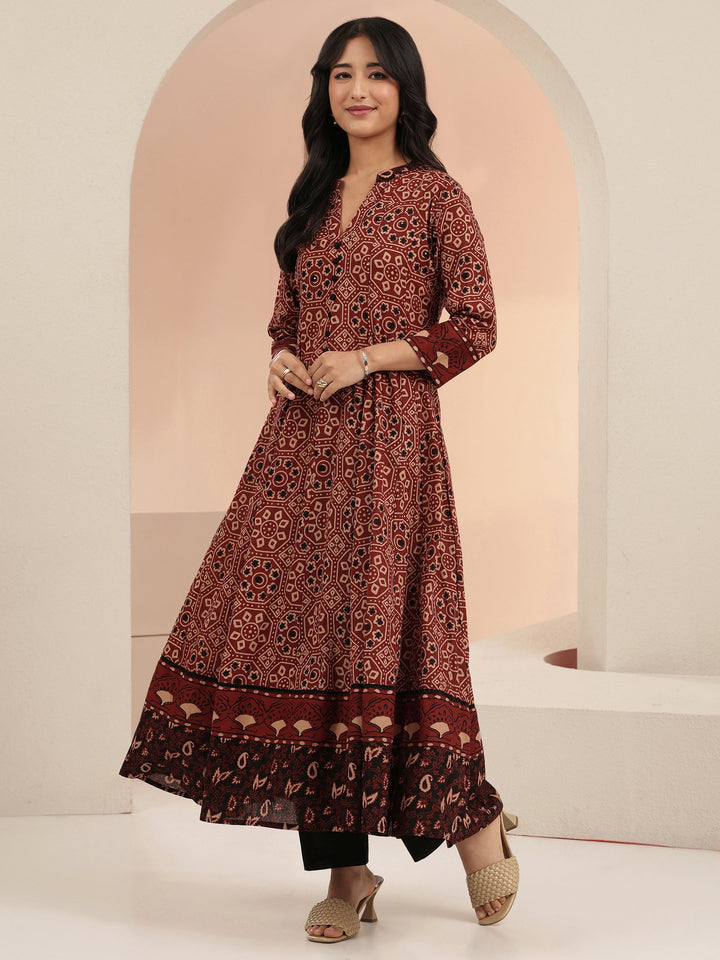 Libas Rust Ajrakh Printed Cotton Anarkali Suit Set
