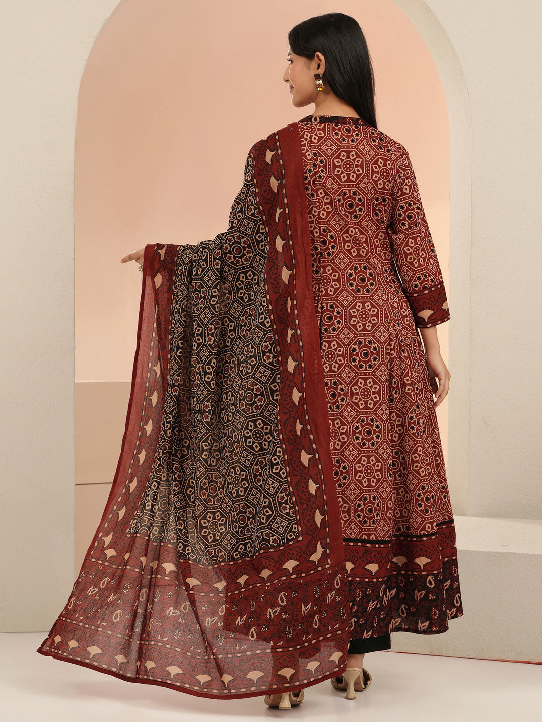 Libas Rust Ajrakh Printed Cotton Anarkali Suit Set