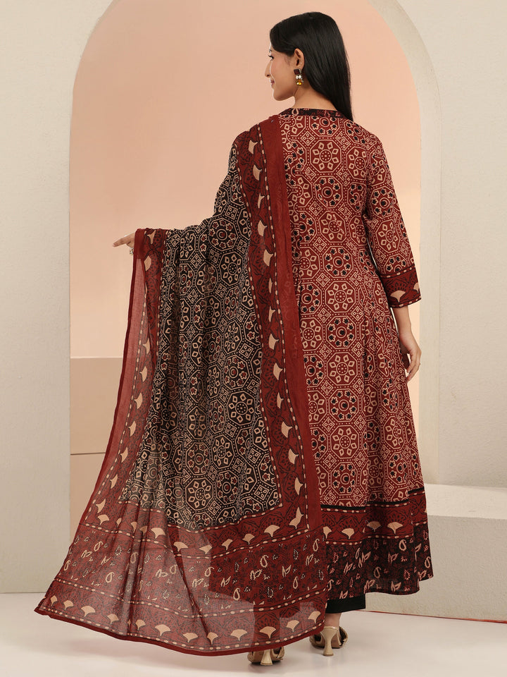 Libas Rust Ajrakh Printed Cotton Anarkali Suit Set