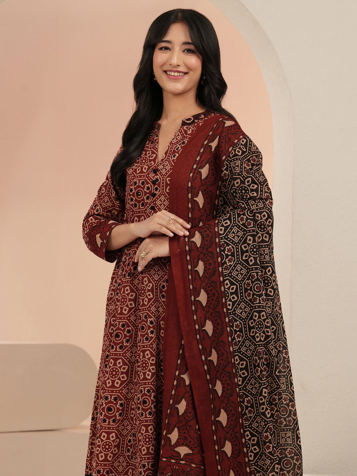 Libas Rust Ajrakh Printed Cotton Anarkali Suit Set