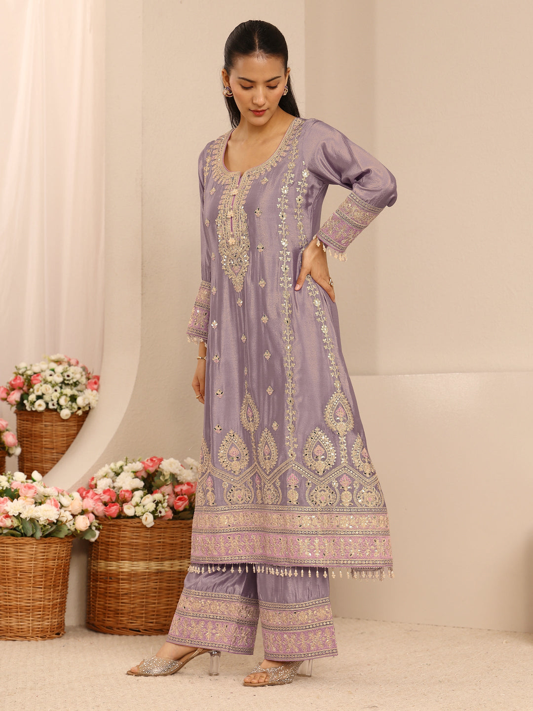 Libas Art Lavender Embroidered Chinon A-Line Suit Set With Dupatta