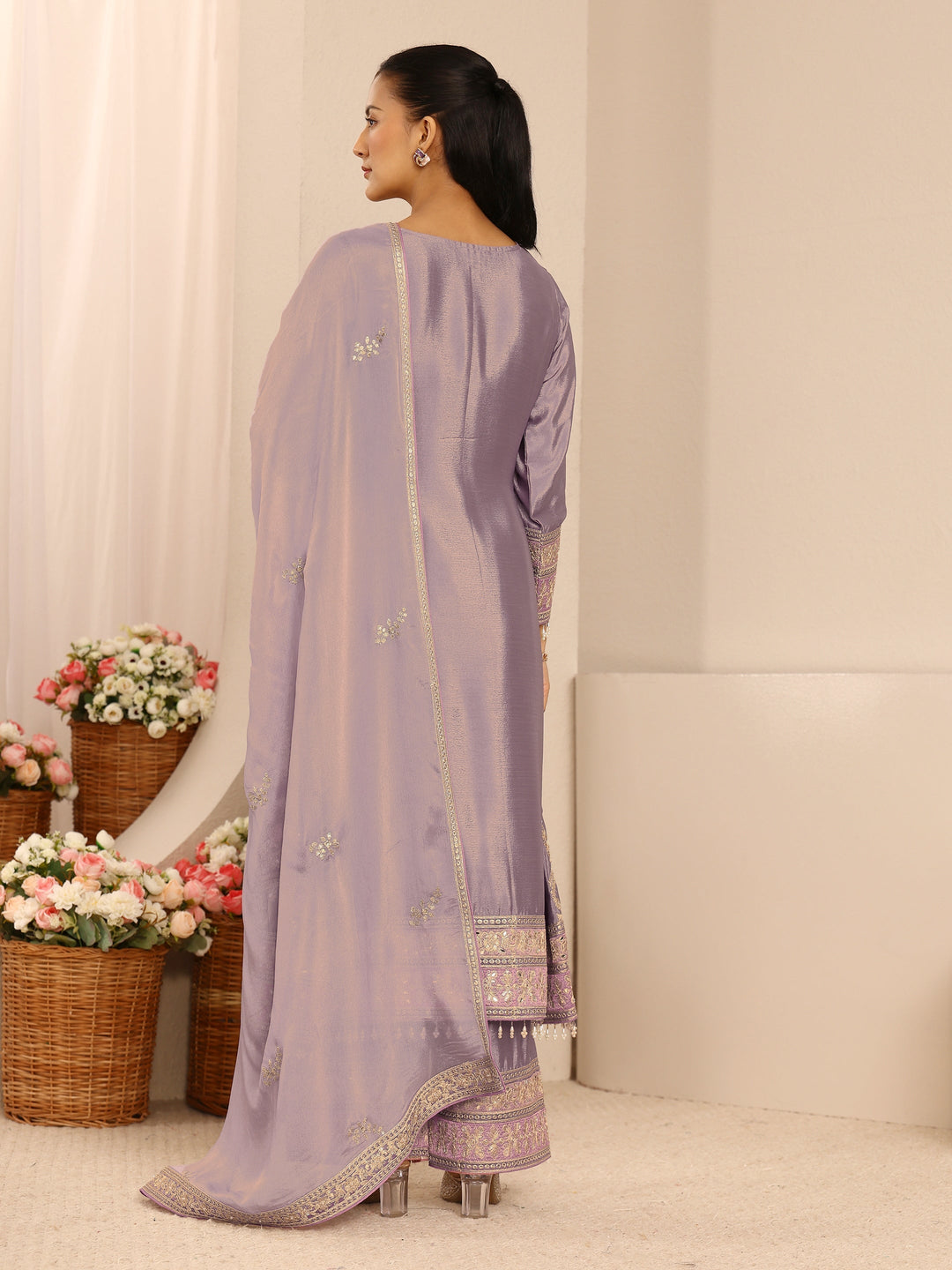 Libas Art Lavender Embroidered Chinon A-Line Suit Set With Dupatta