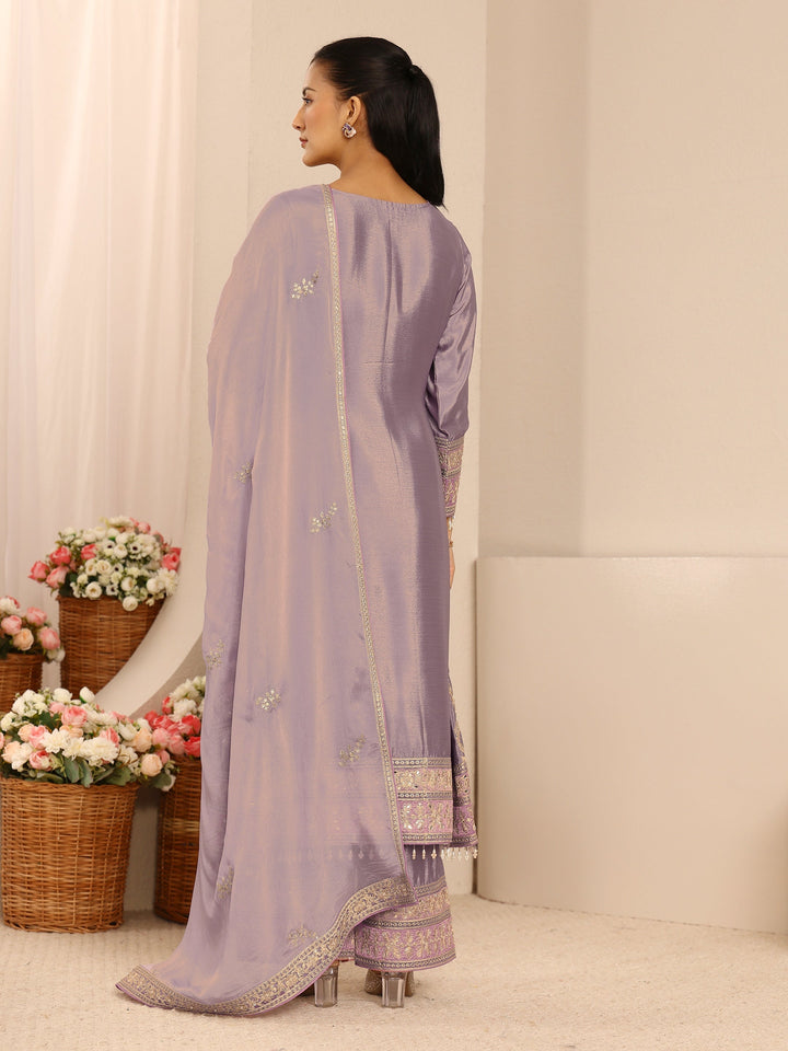 Libas Art Lavender Embroidered Chinon A-Line Suit Set With Dupatta