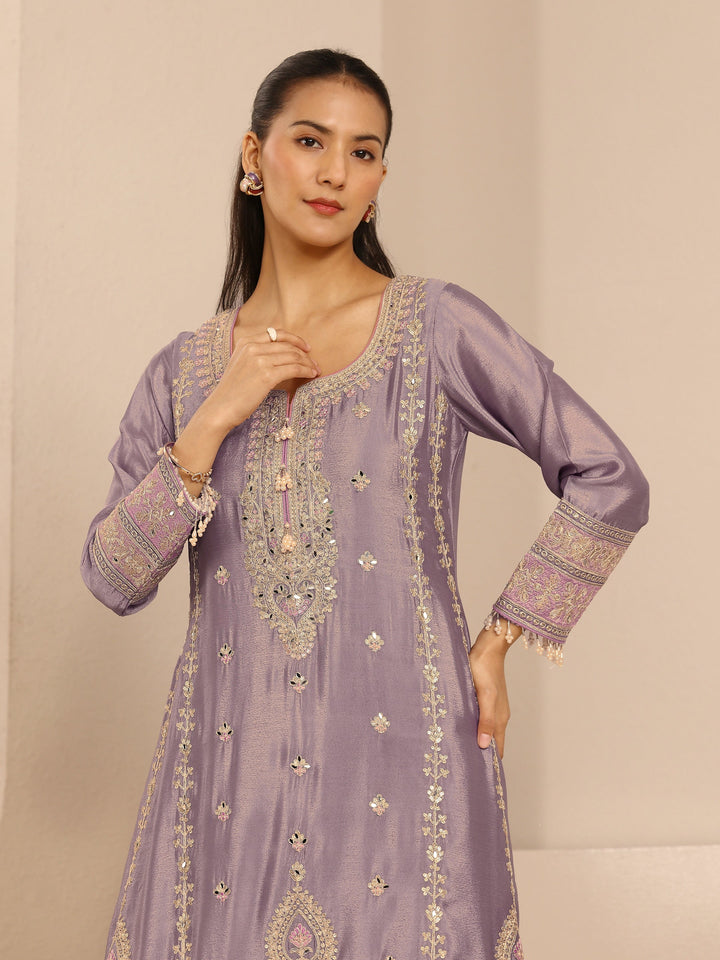 Libas Art Lavender Embroidered Chinon A-Line Suit Set With Dupatta