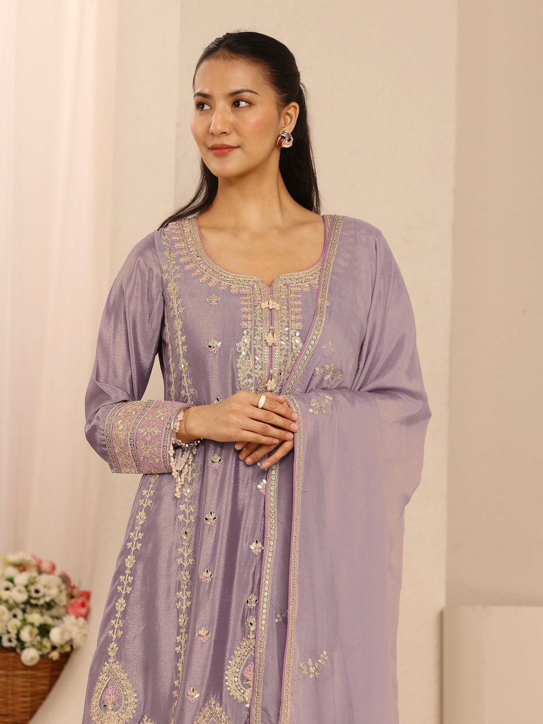 Libas Art Lavender Embroidered Chinon A-Line Suit Set With Dupatta