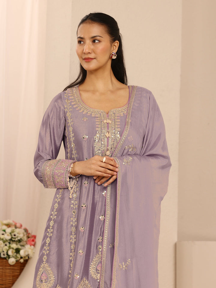 Libas Art Lavender Embroidered Chinon A-Line Suit Set With Dupatta