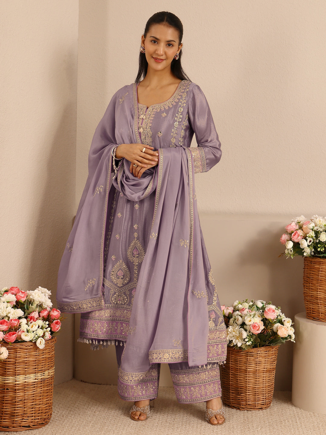 Libas Art Lavender Embroidered Chinon A-Line Suit Set With Dupatta