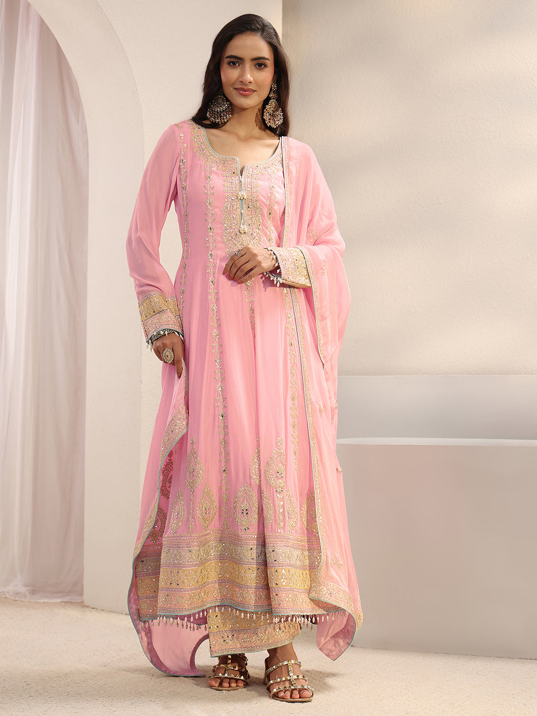 Libas Art Pink Ethnic Embellished Chinon Anarkali Suit Set With Dupatta