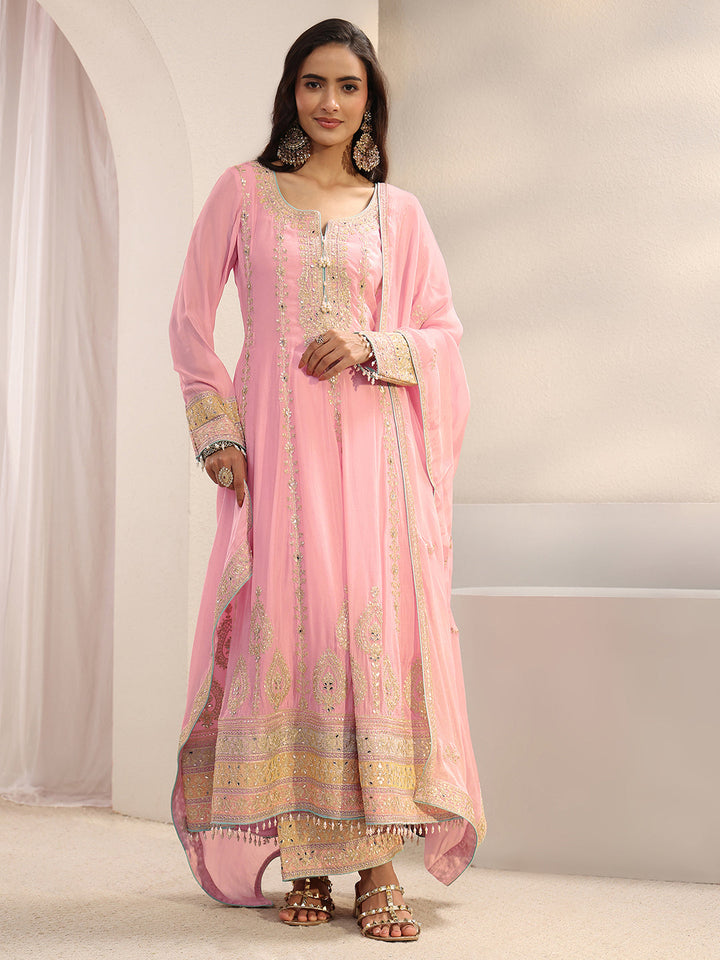 Libas Art Pink Ethnic Embellished Chinon Anarkali Suit Set With Dupatta