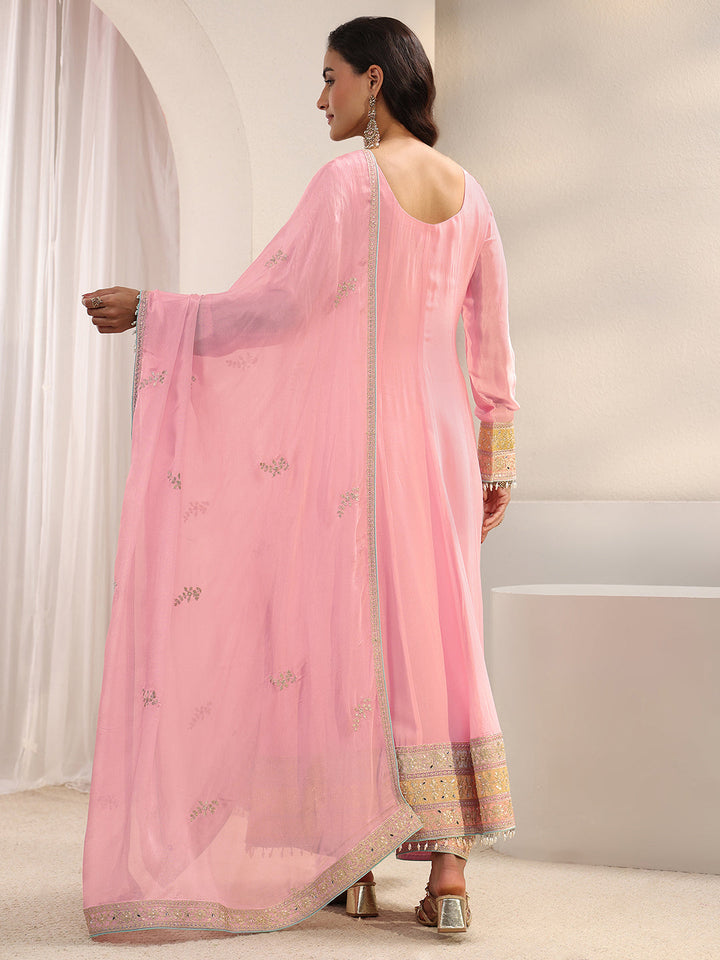 Libas Art Pink Ethnic Embellished Chinon Anarkali Suit Set With Dupatta