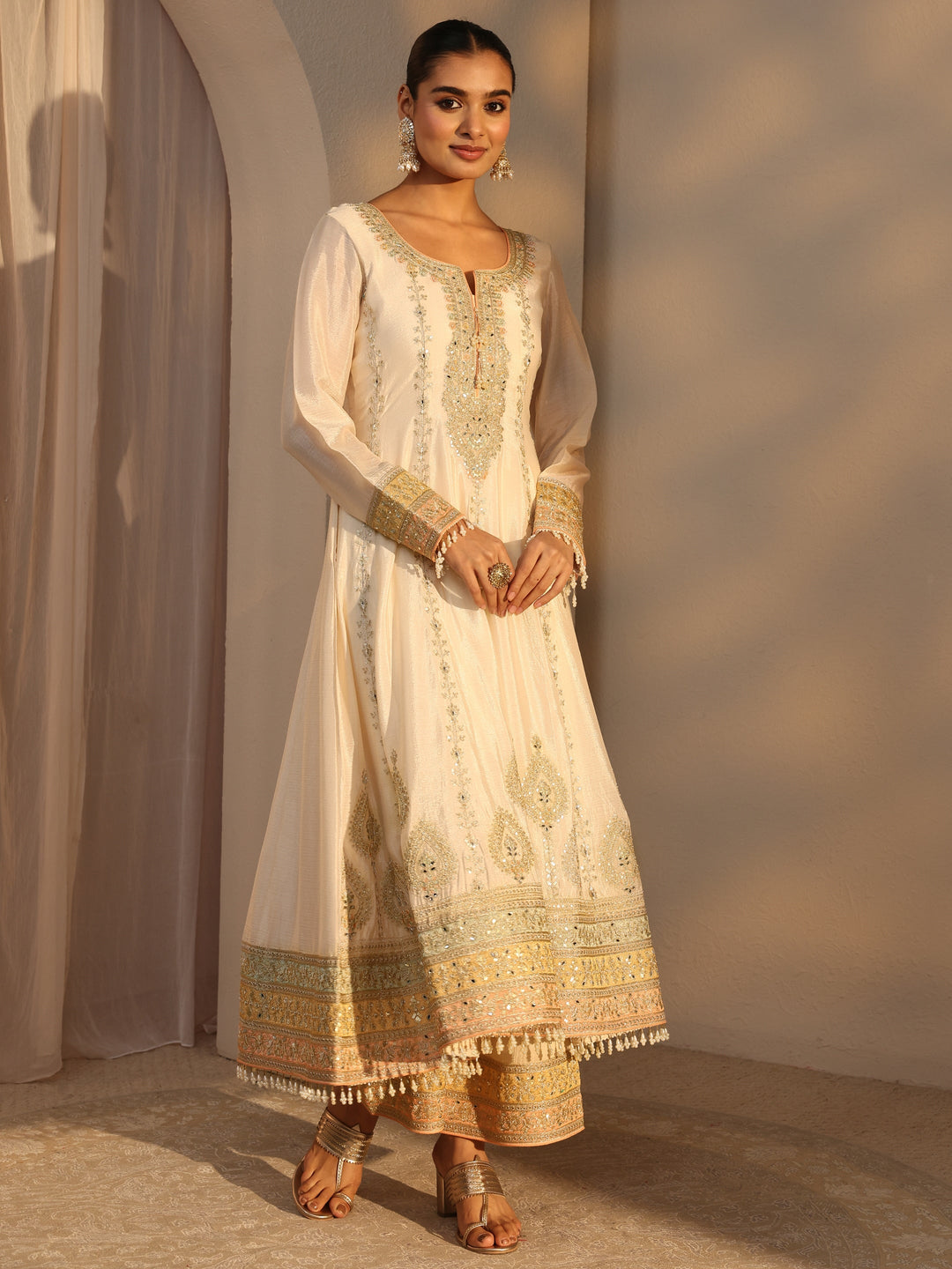 Libas Art Cream Ethnic Embroidered Chinon A-Line Suits Set With Dupatta