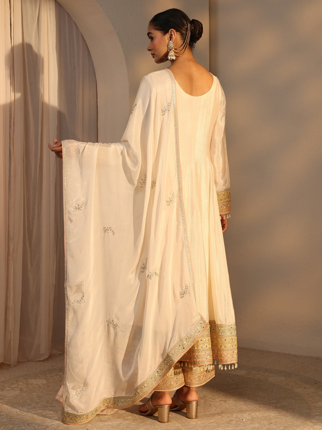 Libas Art Cream Ethnic Embroidered Chinon A-Line Suits Set With Dupatta