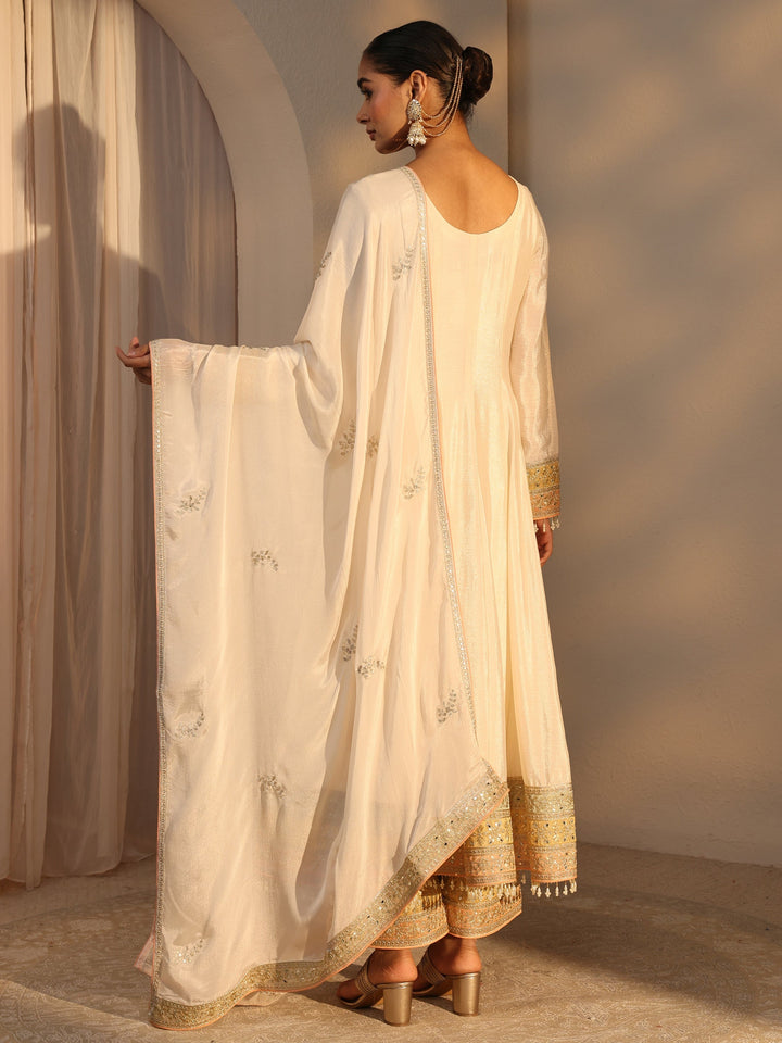 Libas Art Cream Ethnic Embroidered Chinon A-Line Suits Set With Dupatta