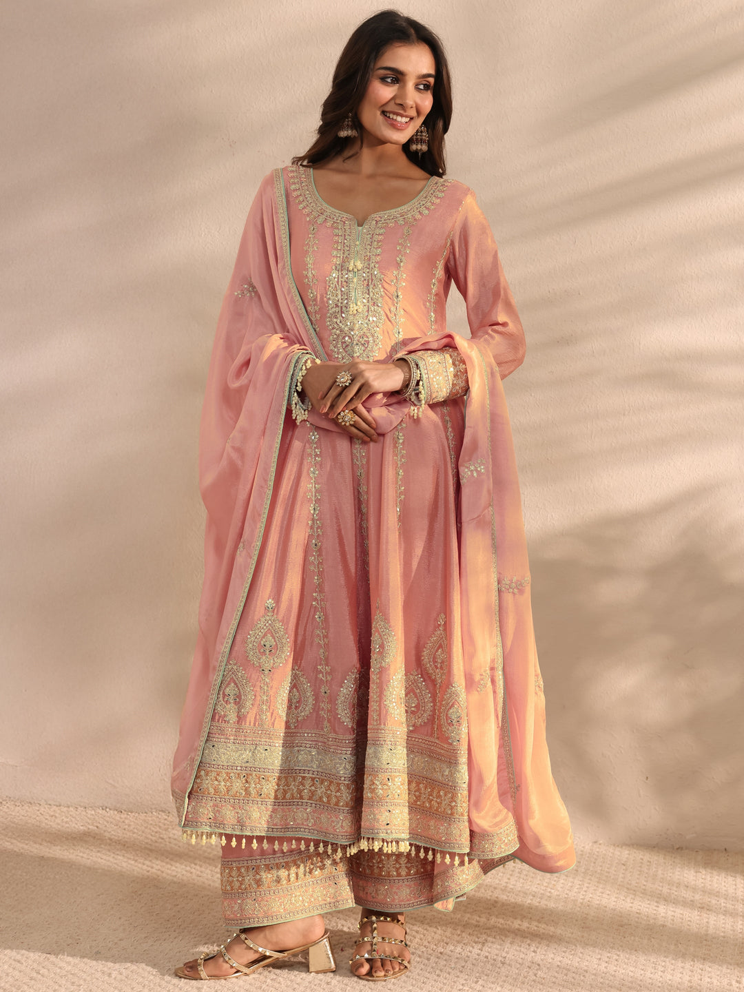 Libas Art Peach Embellished Chinon Anarkali Suit Set With Dupatta