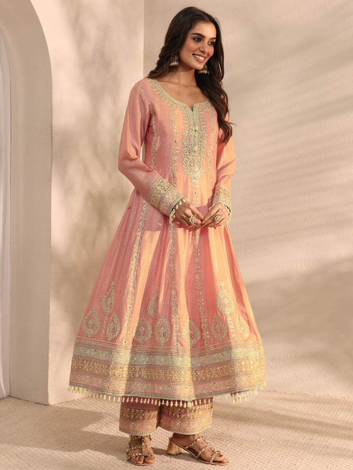 Libas Art Peach Embellished Chinon Anarkali Suit Set With Dupatta