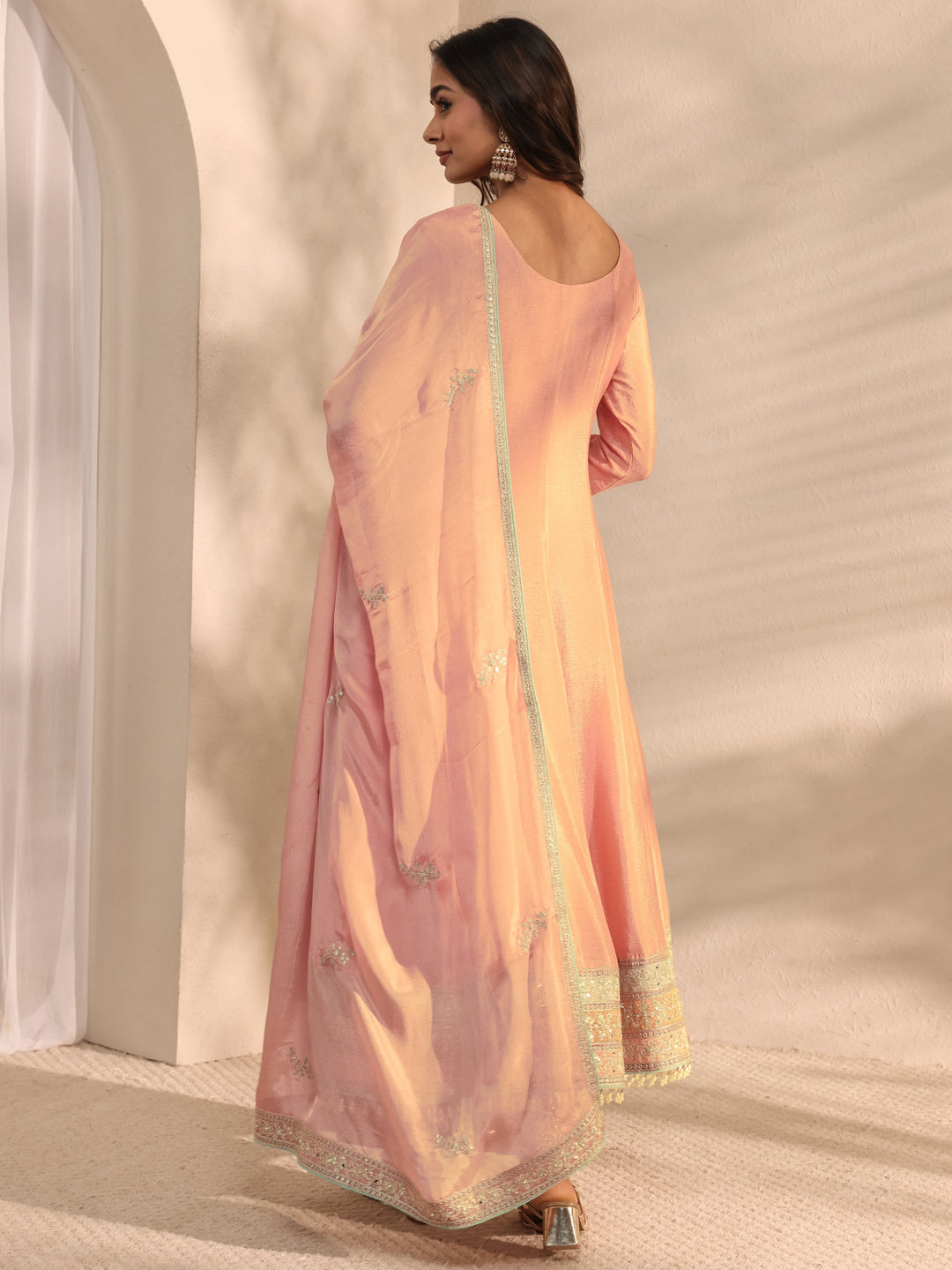 Libas Art Peach Embellished Chinon Anarkali Suit Set With Dupatta