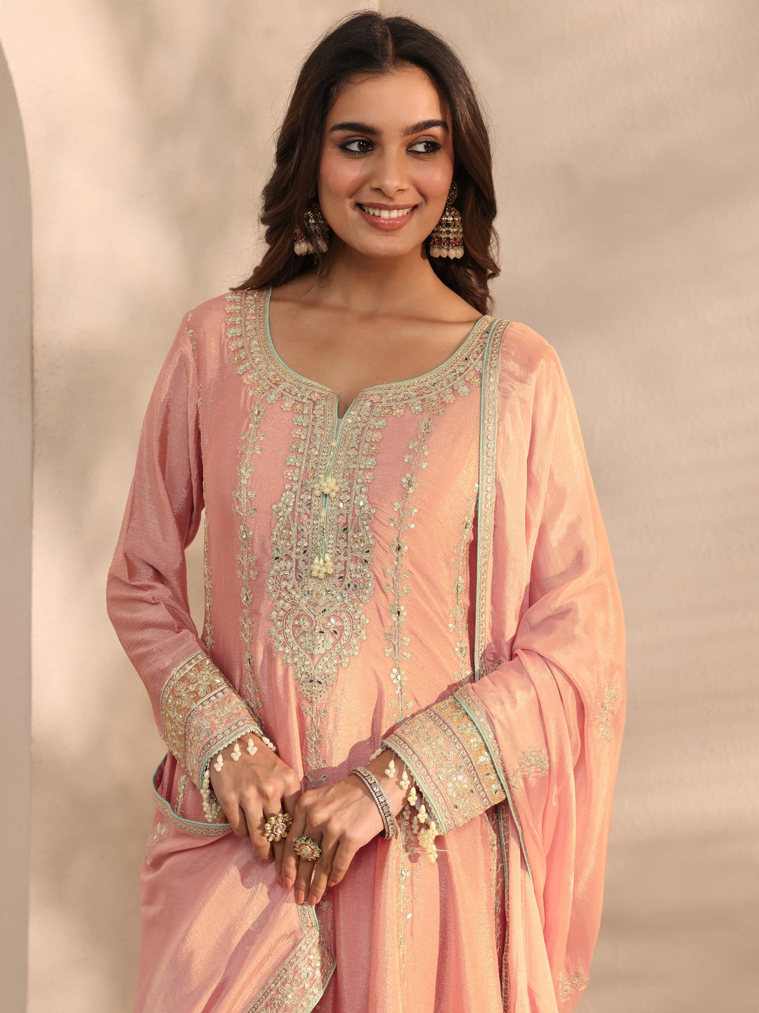 Libas Art Peach Embellished Chinon Anarkali Suit Set With Dupatta