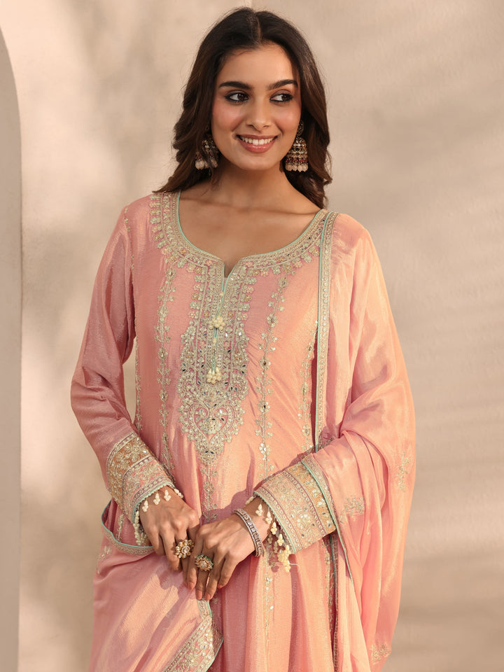 Libas Art Peach Embellished Chinon Anarkali Suit Set With Dupatta