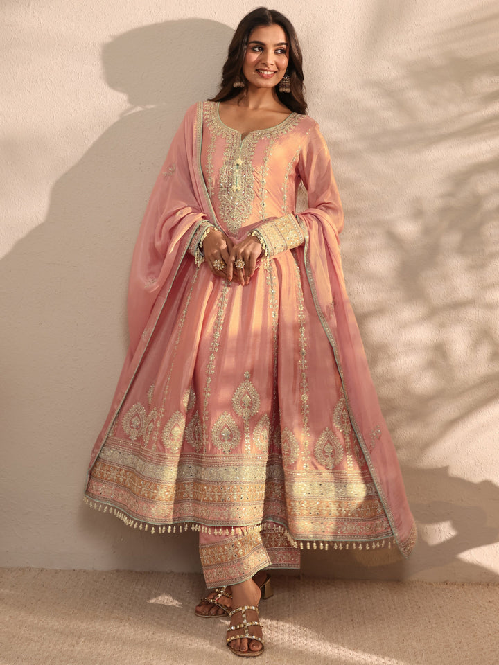Libas Art Peach Embellished Chinon Anarkali Suit Set With Dupatta