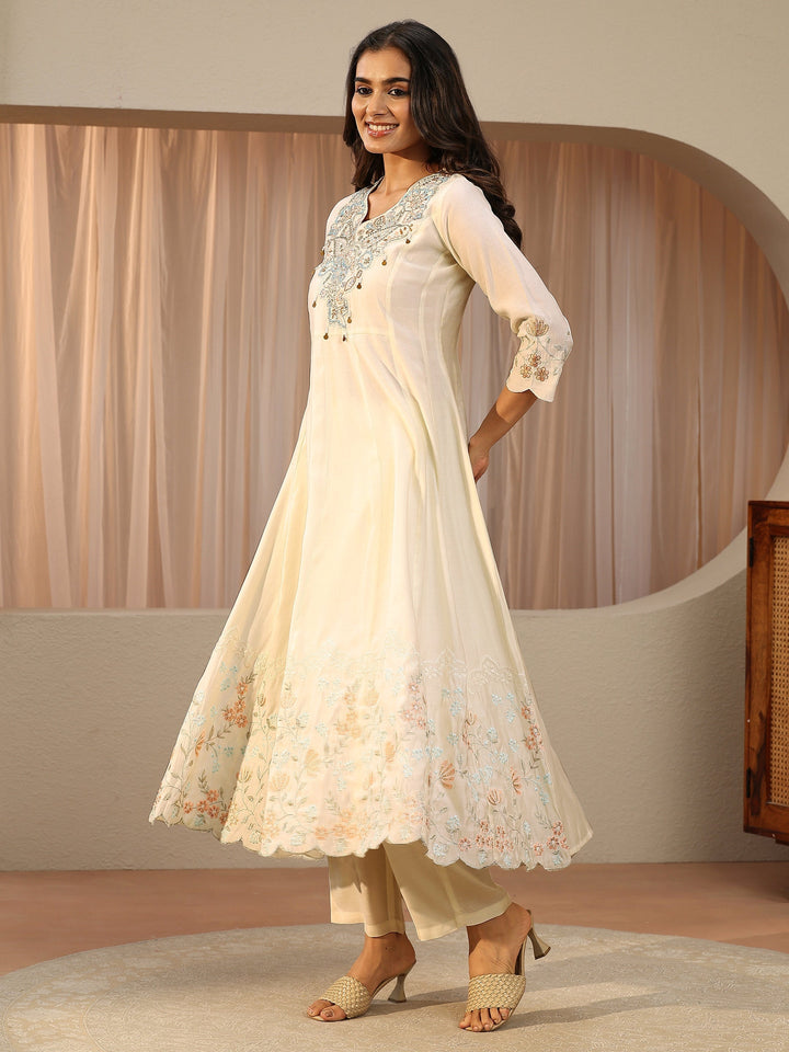 Ivory Floral Embroidered Silk Blend A-line Suit Set