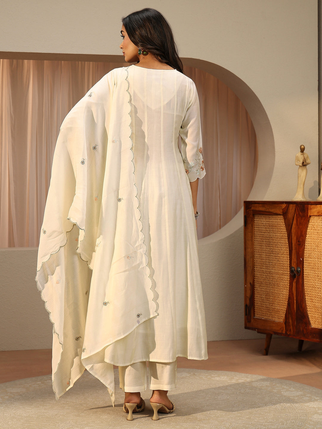 Ivory Floral Embroidered Silk Blend A-line Suit Set