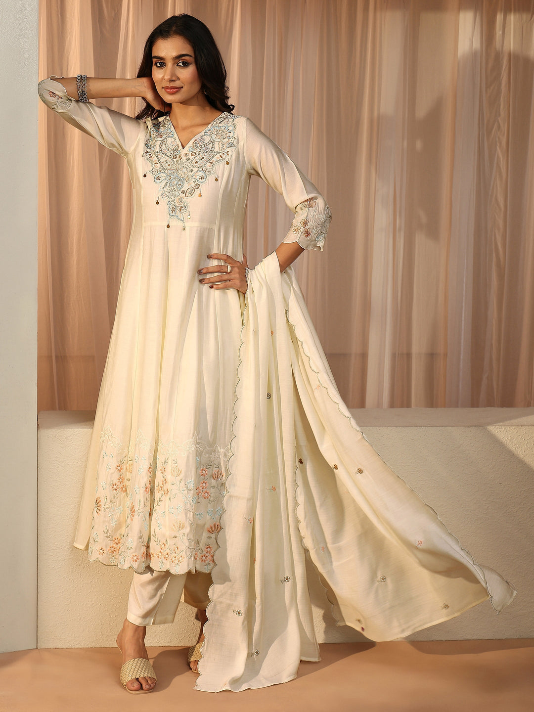 Ivory Floral Embroidered Silk Blend A-line Suit Set