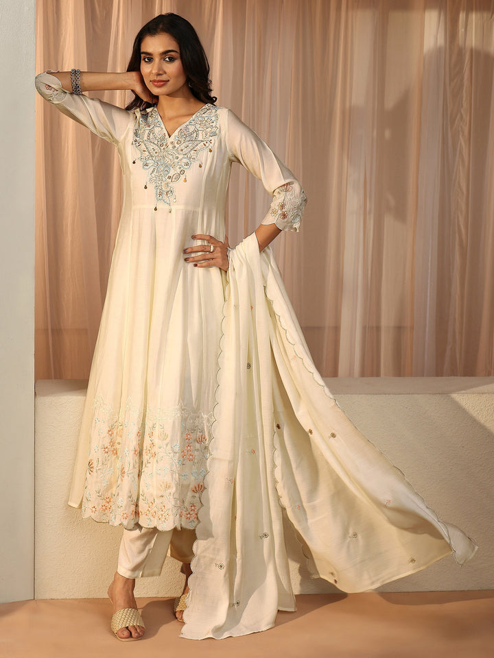 Ivory Floral Embroidered Silk Blend A-line Suit Set