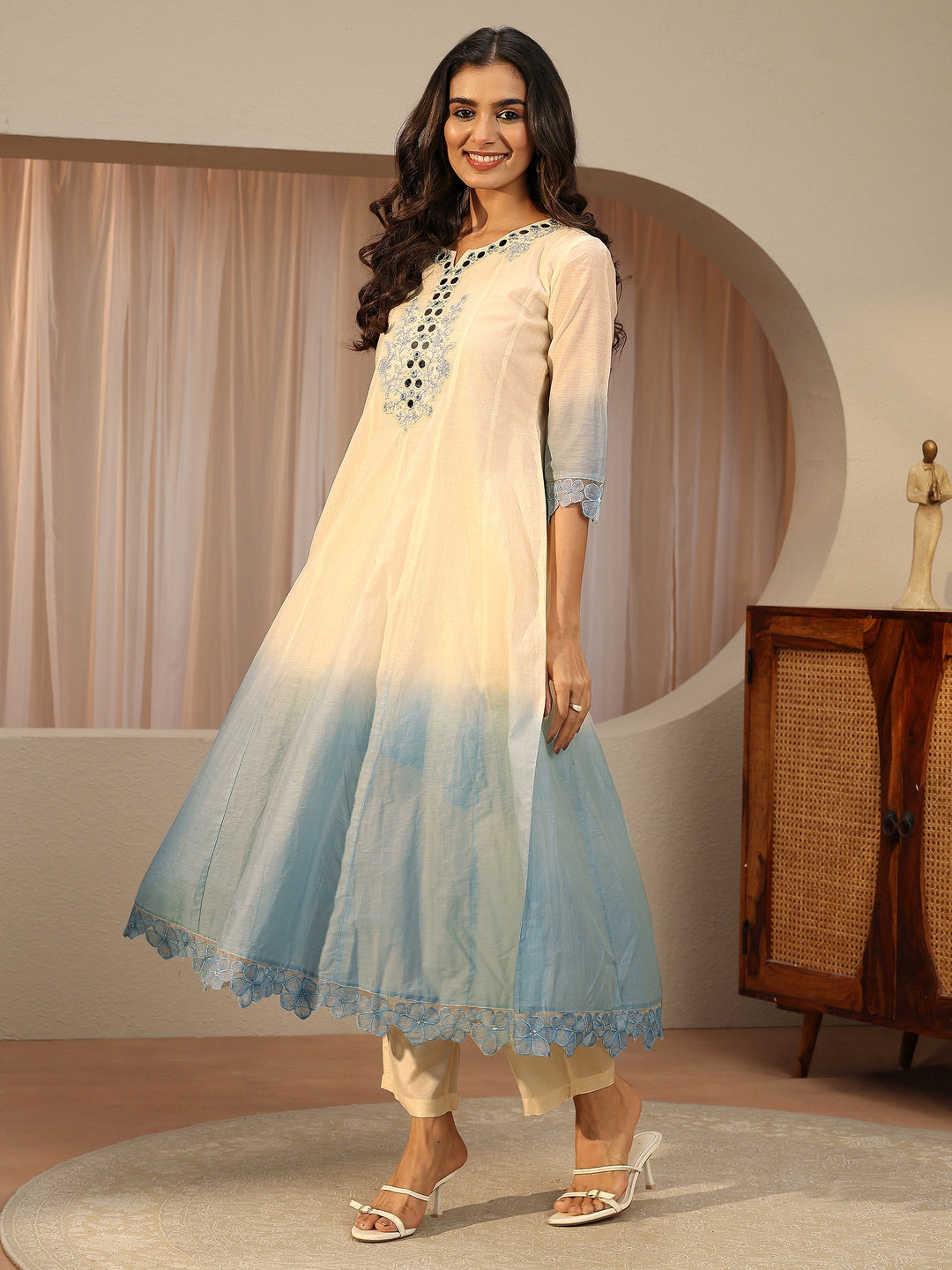 Libas White Floral Embroidered Silk Blend A-line Suit Set