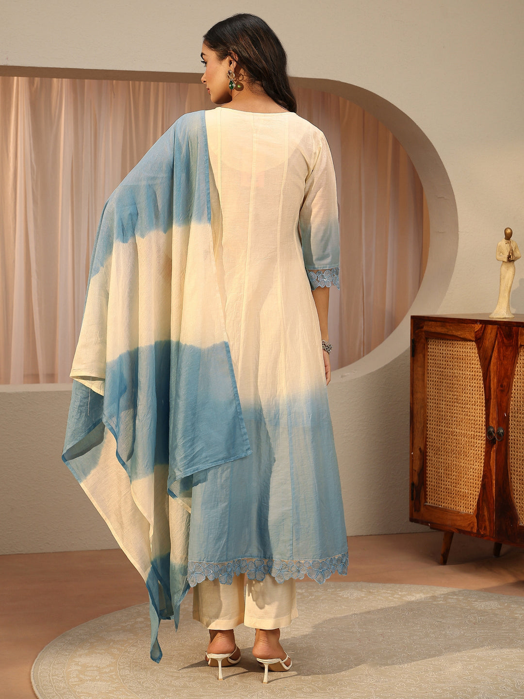 Libas White Floral Embroidered Silk Blend A-line Suit Set