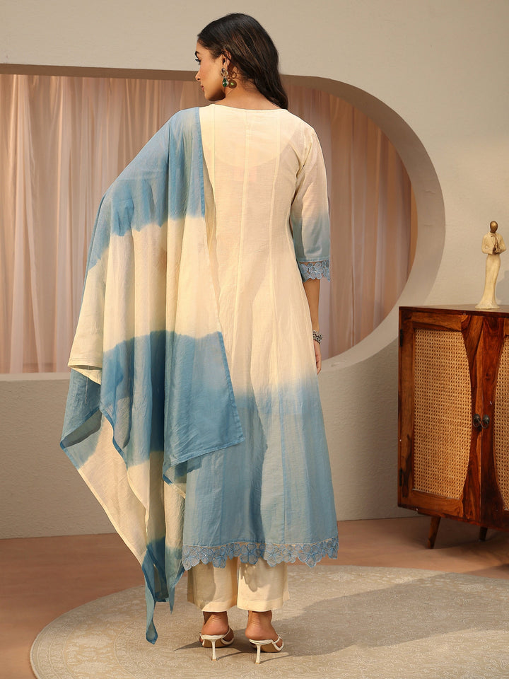 Libas White Floral Embroidered Silk Blend A-line Suit Set