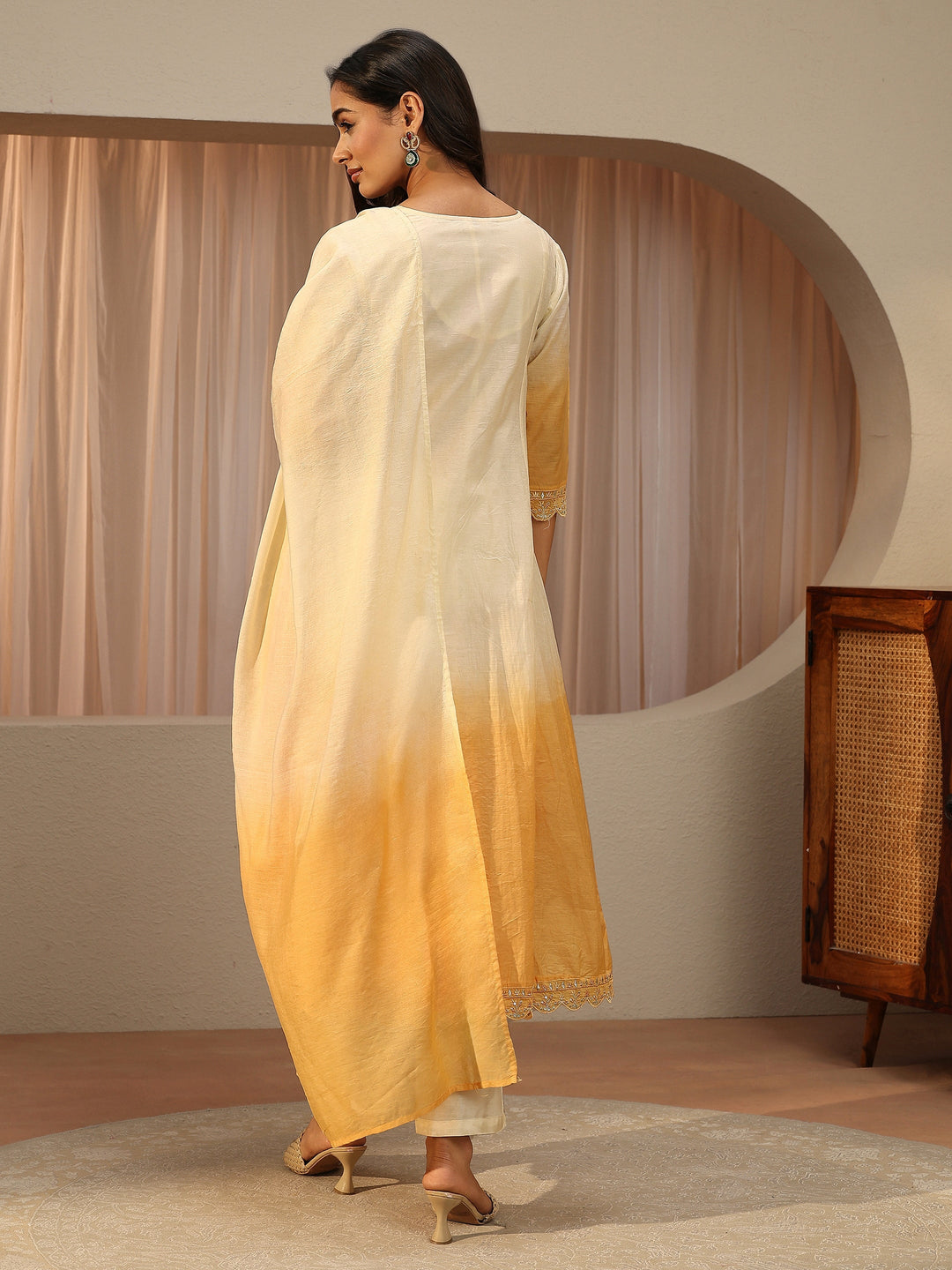White Floral Embroidered Silk blend Straight Suit Set