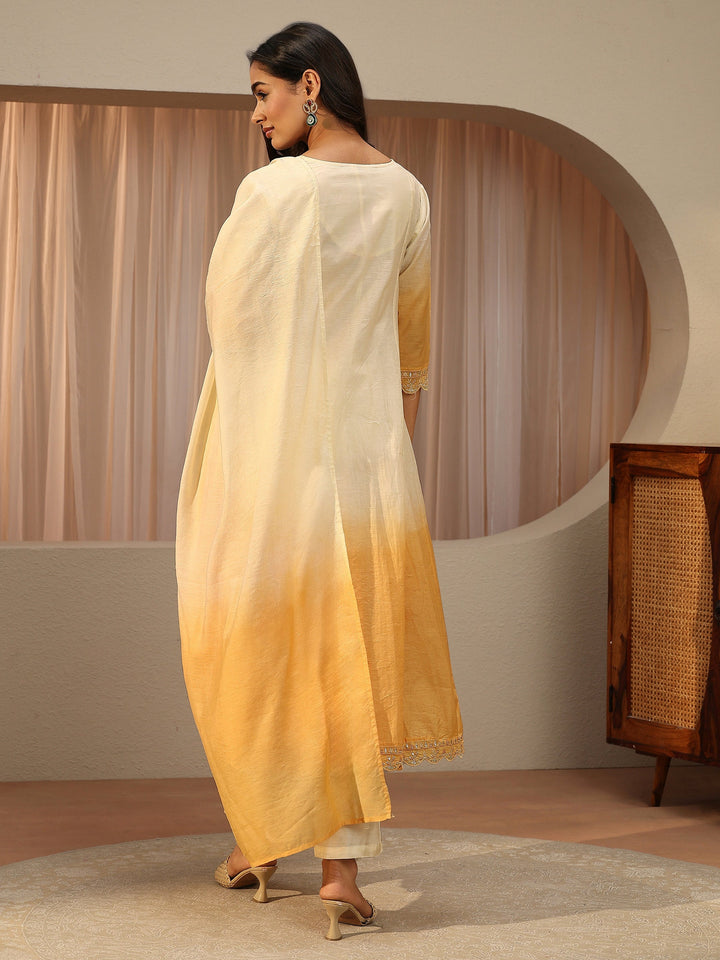White Floral Embroidered Silk blend Straight Suit Set