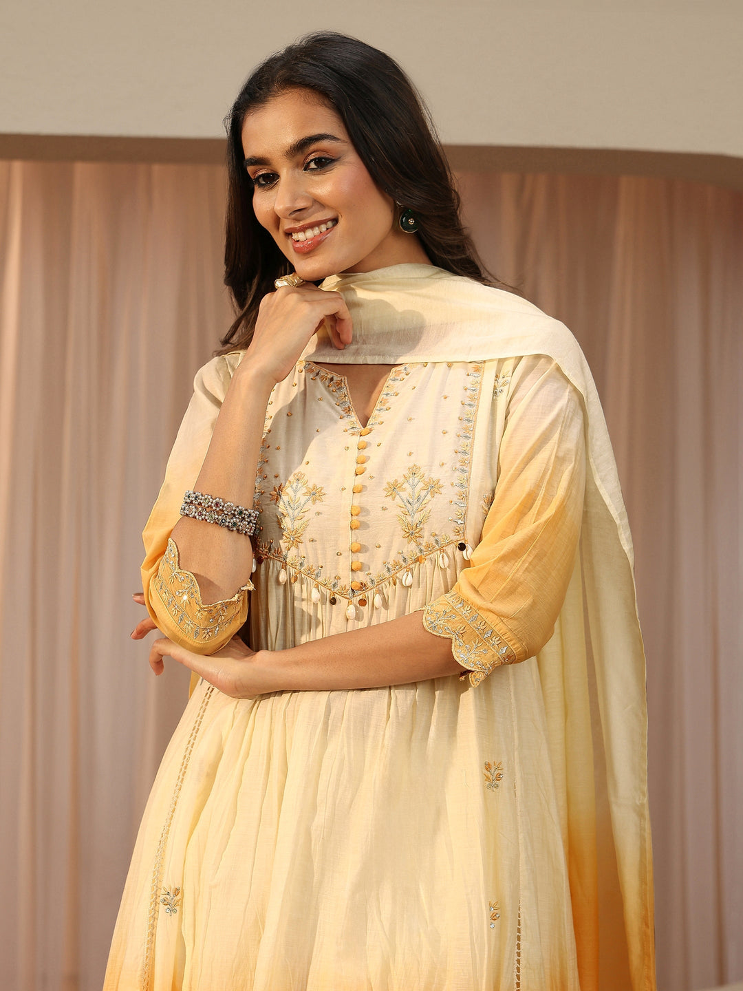 White Floral Embroidered Silk blend Straight Suit Set