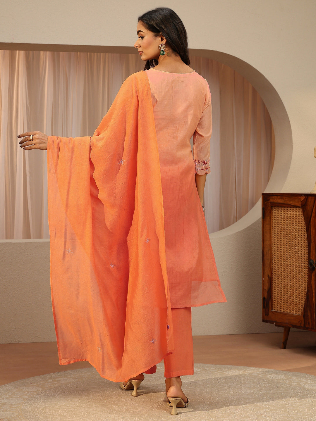 Orange Floral Embroidered Silk Blend Straight Suit Set