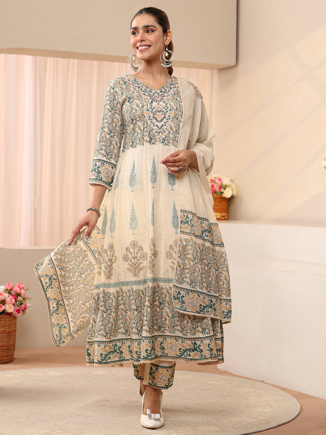 Libas Ivory Floral Printed Cotton Straight Suit Set