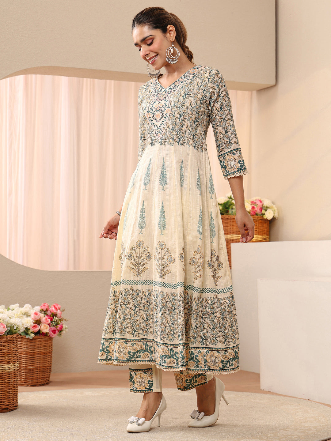 Libas Ivory Floral Printed Cotton Straight Suit Set