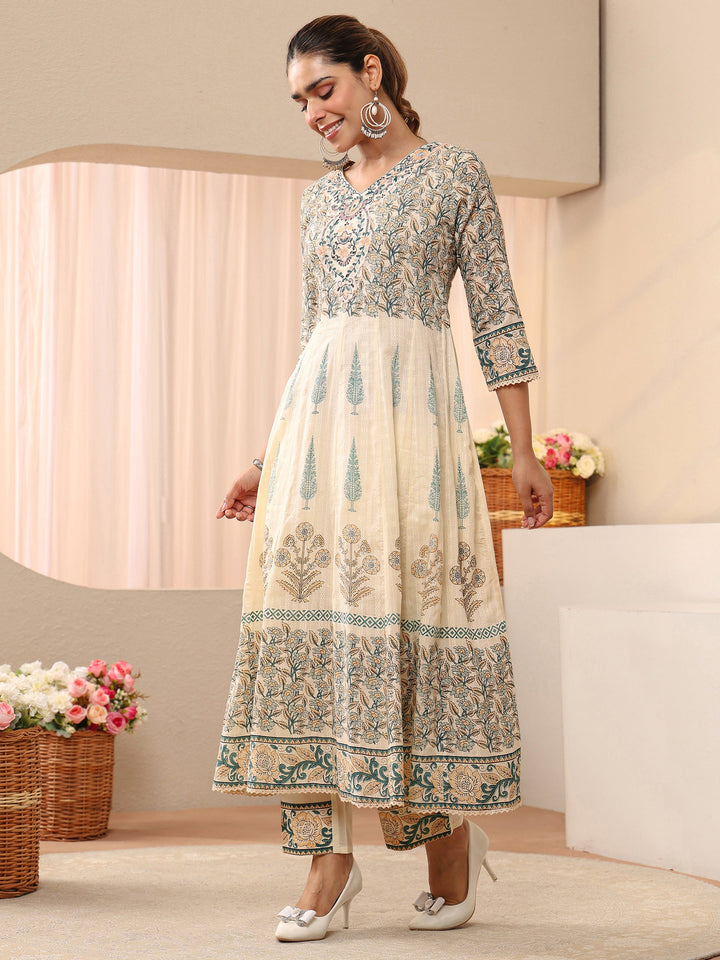 Libas Ivory Floral Printed Cotton Straight Suit Set
