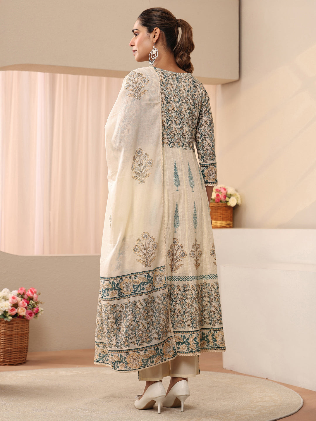 Libas Ivory Floral Printed Cotton Straight Suit Set