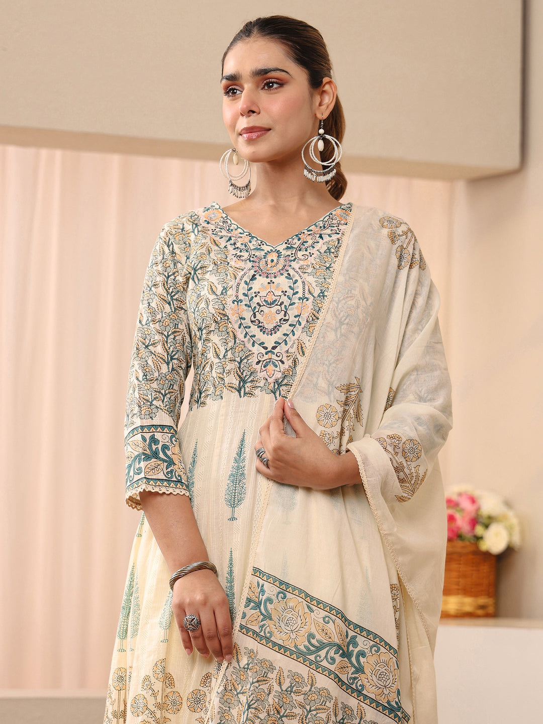 Libas Ivory Floral Printed Cotton Straight Suit Set