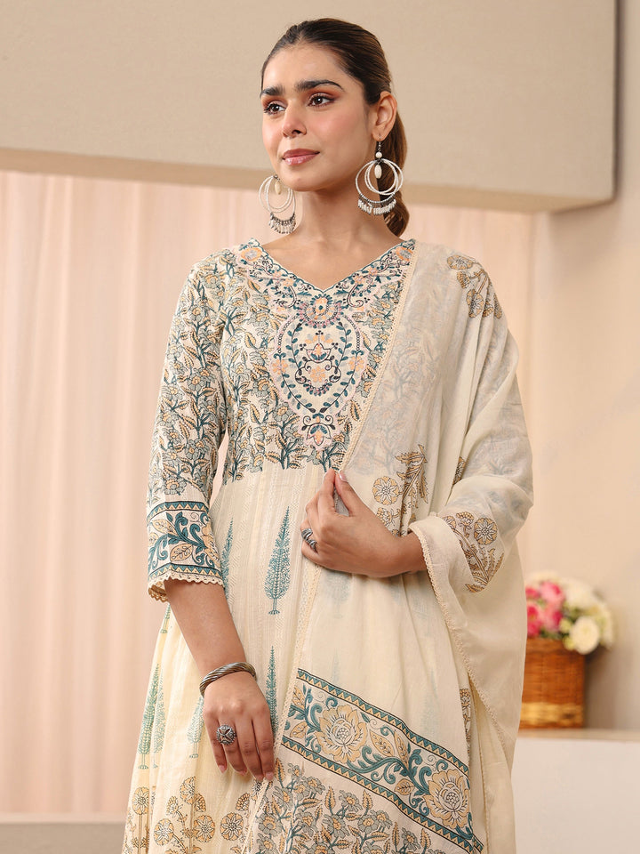 Libas Ivory Floral Printed Cotton Straight Suit Set
