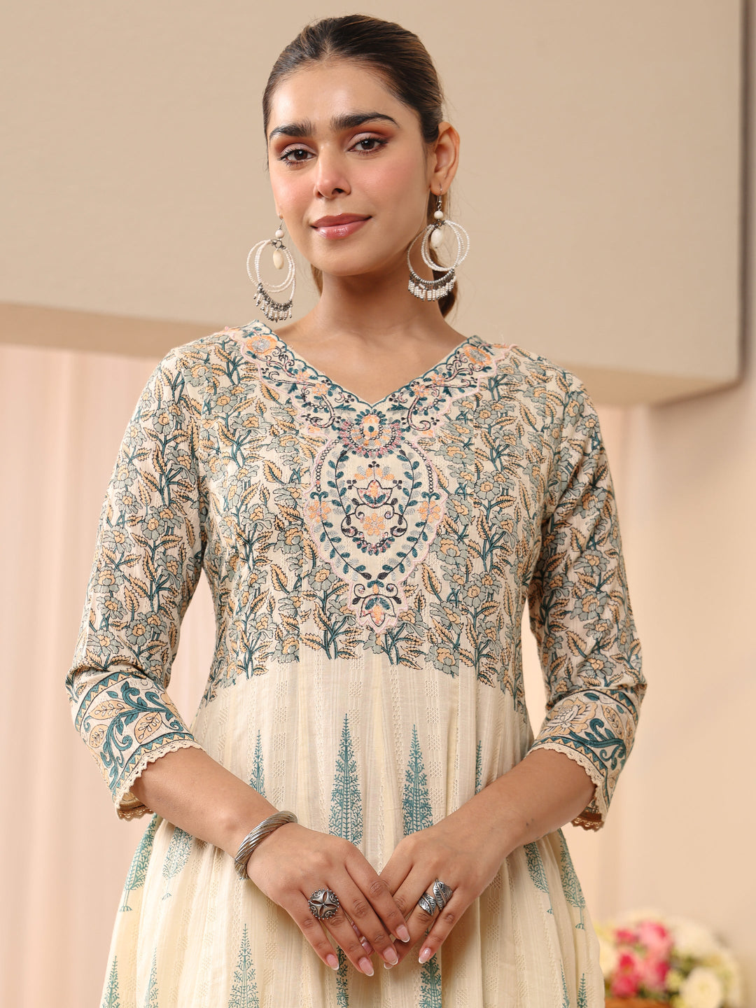 Libas Ivory Floral Printed Cotton Straight Suit Set