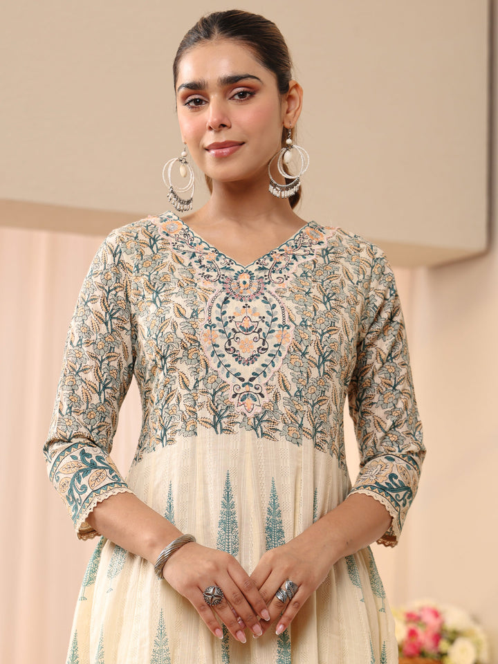 Libas Ivory Floral Printed Cotton Straight Suit Set