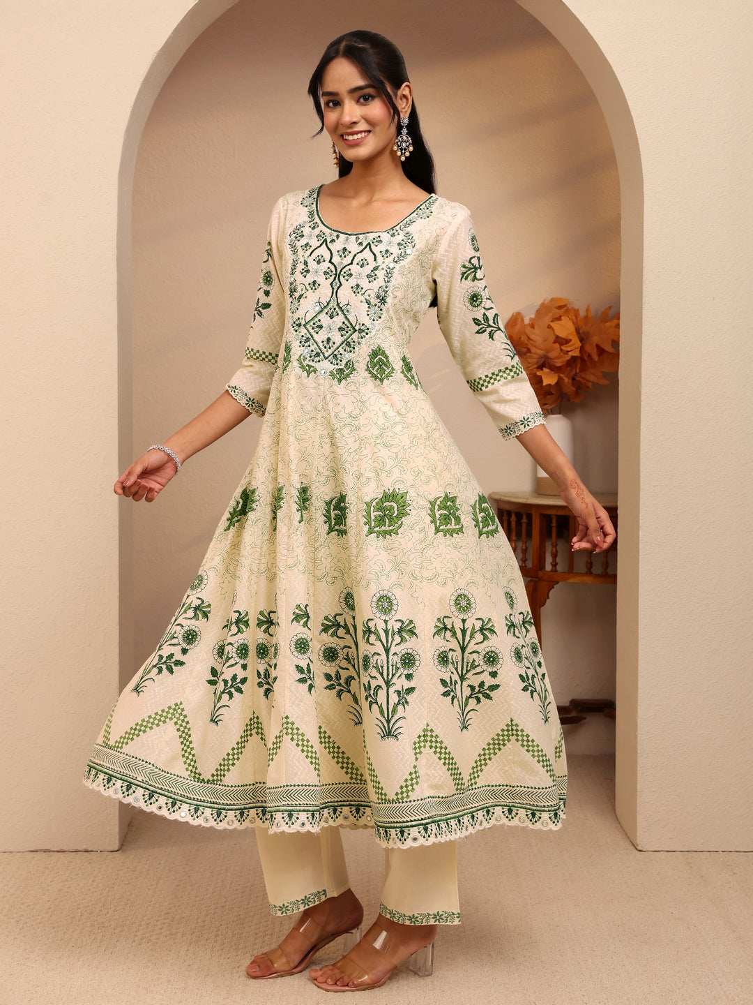 Libas Cream Floral Printed Cotton Anarkali Suit Set