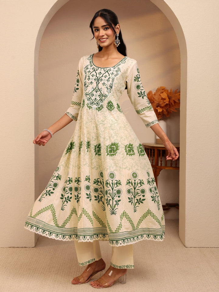Libas Cream Floral Printed Cotton Anarkali Suit Set