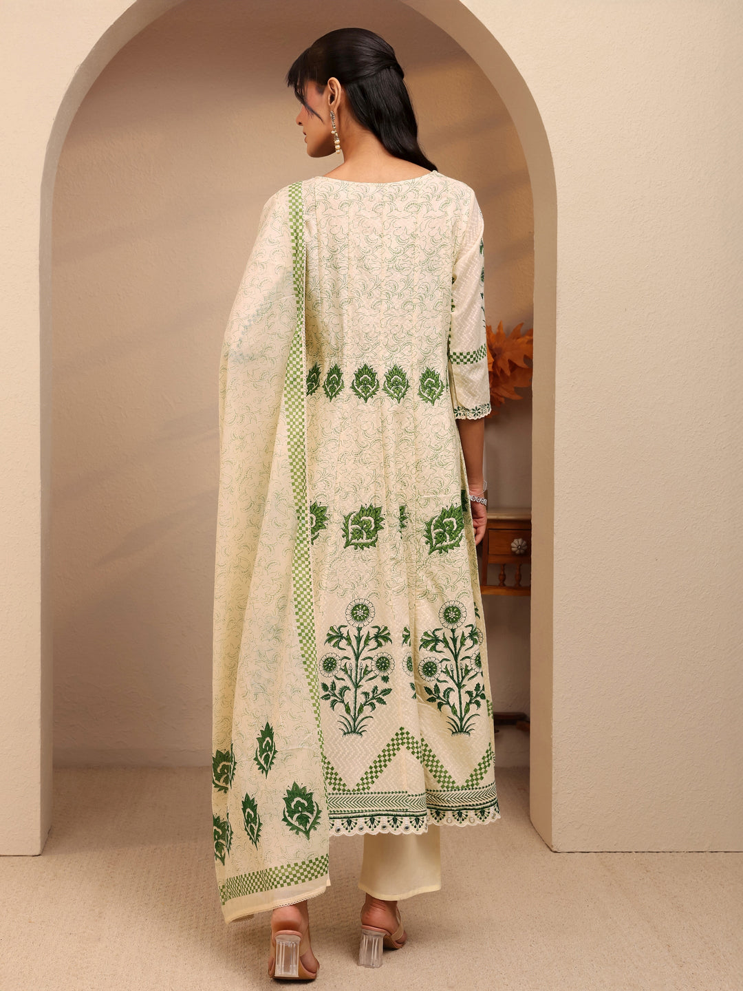 Libas Cream Floral Printed Cotton Anarkali Suit Set