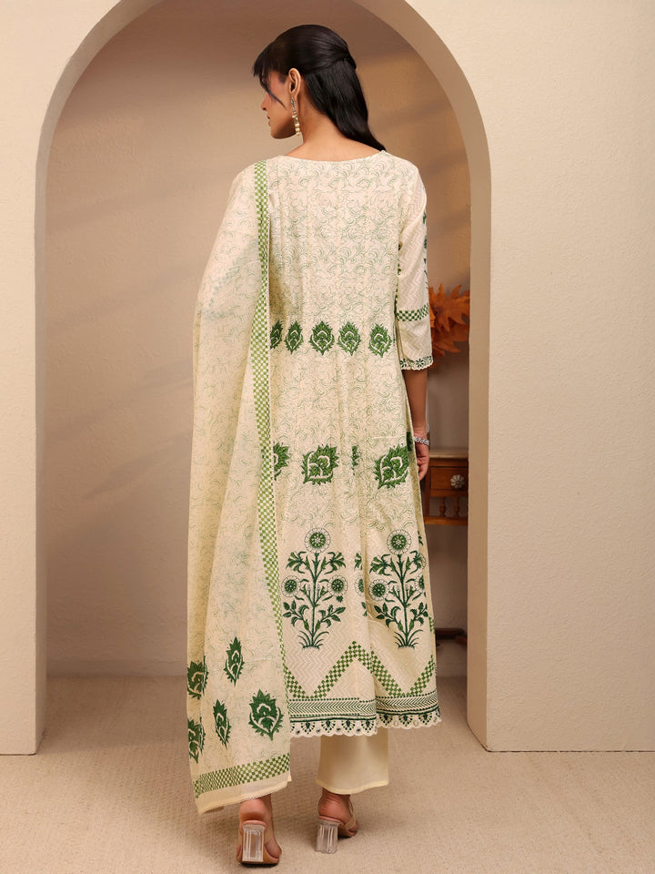 Libas Cream Floral Printed Cotton Anarkali Suit Set