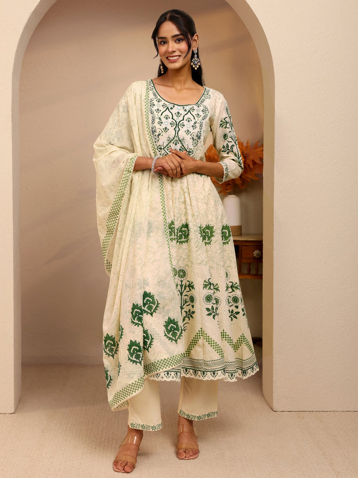 Libas Cream Floral Printed Cotton Anarkali Suit Set