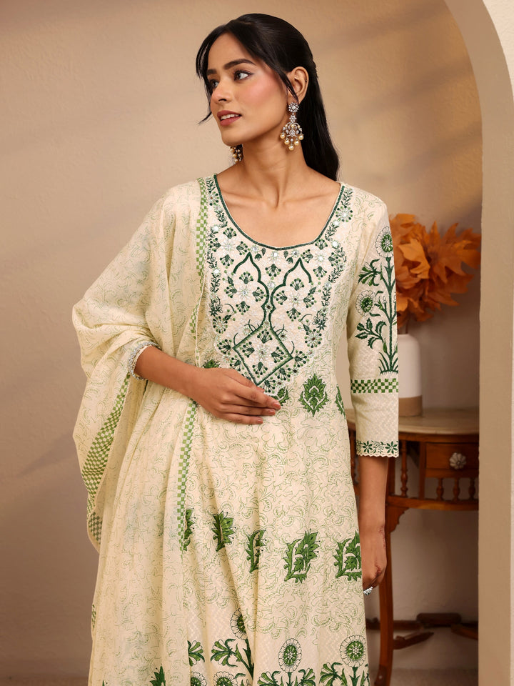 Libas Cream Floral Printed Cotton Anarkali Suit Set